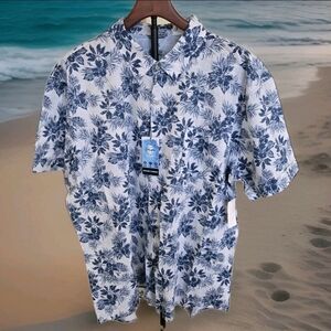 Izod Saltwater Mens 2XL Short Sleeve Shirt Floral Tropical Blue NWT.